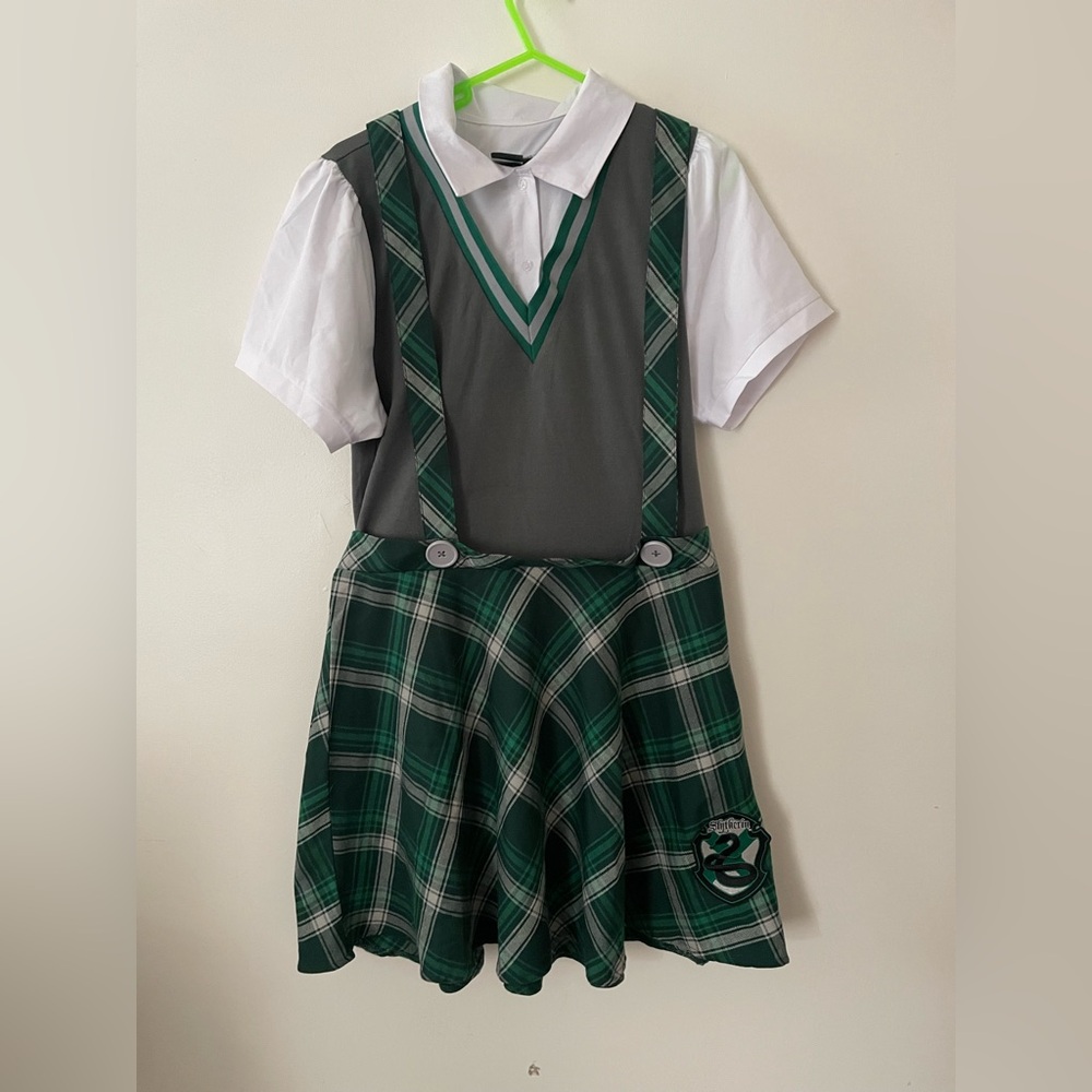Slytherin Harry Potter Green uniform Plaid Suspender Skirt with White Shirt - Picture 5 of 5